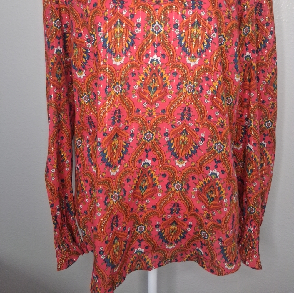 Talbots Floral Lattice Blouse Lightweight Multicolor Metallic Long Sleeve Size M - Picture 10 of 15